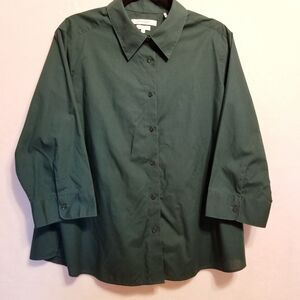 FOXCROFT 18W Top Blouse Button Front Shirt Green Wrinkle Free 3/4 Sleeve Classic